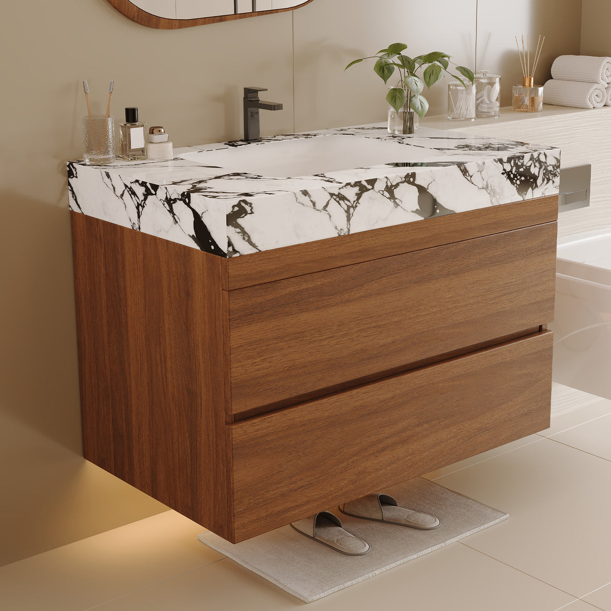 29.9" Modern Floating Bathroom Vanity with Faux Marble Top