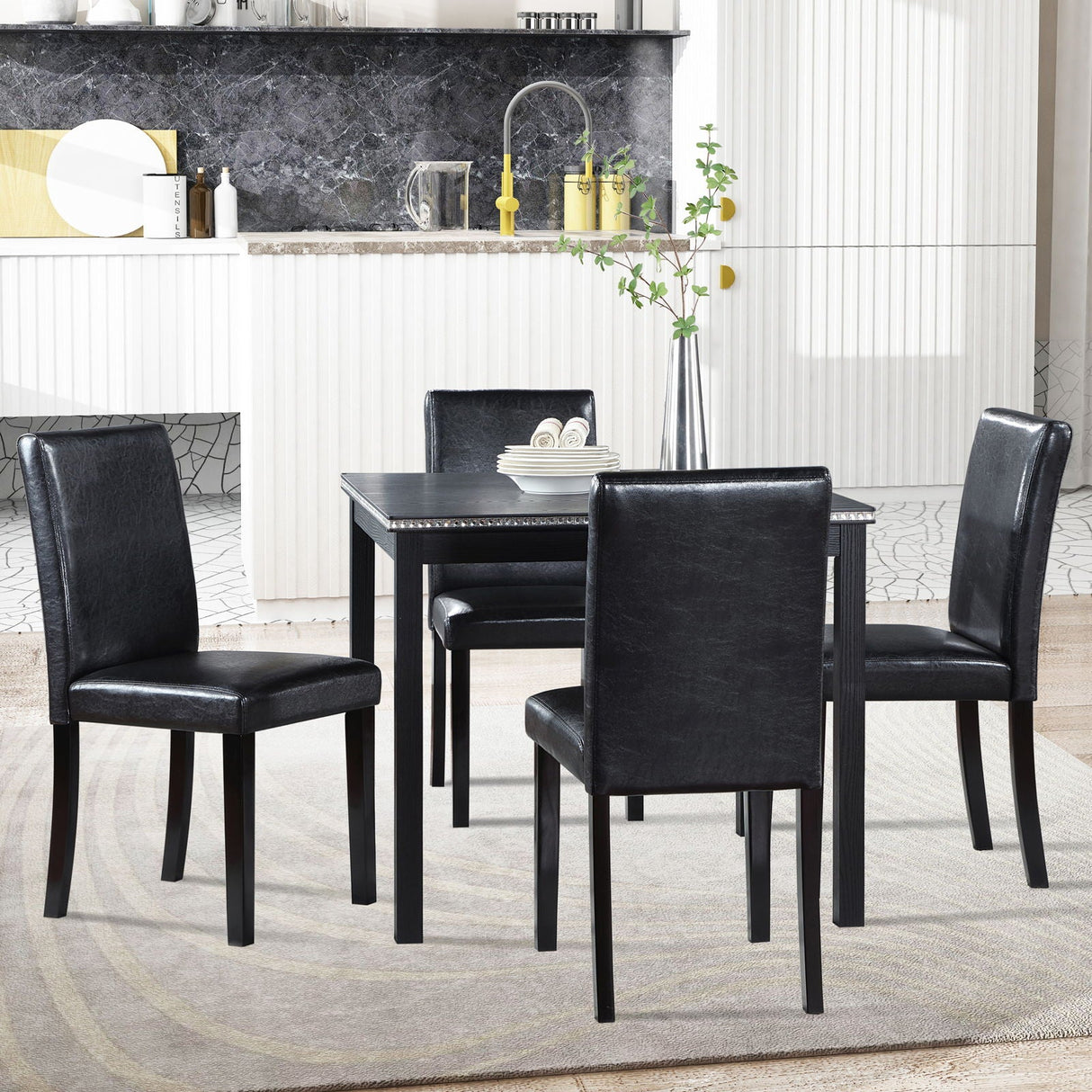 5 Pieces Wooden Dining Table Set, Square Table And 4 Upholstered Chairs