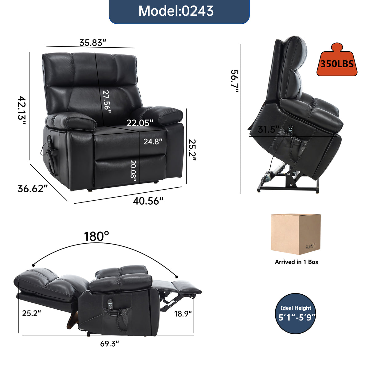 Black Leatheraire Heat Massage Recliner