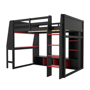 Gaming Loft Bed With Desk, Multi Storage Shelves, LED Lighting, And Hanging Clothes Rack