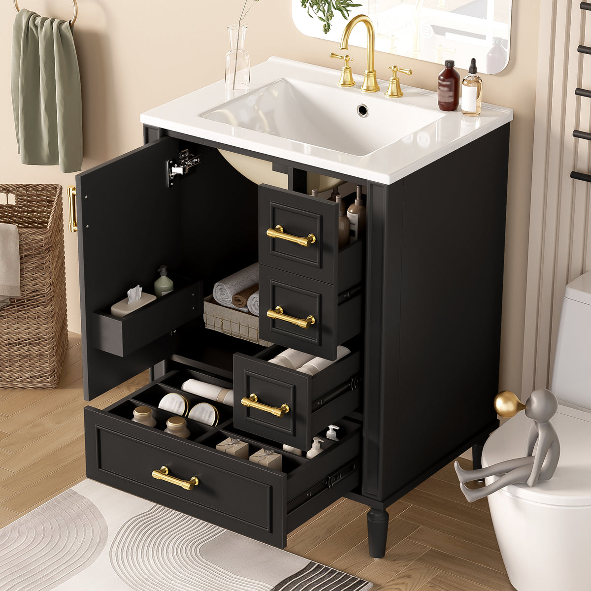 24" Modern Bathroom Vanity with Ceramic Sink, Soft-Close Doors & Drawers - Black