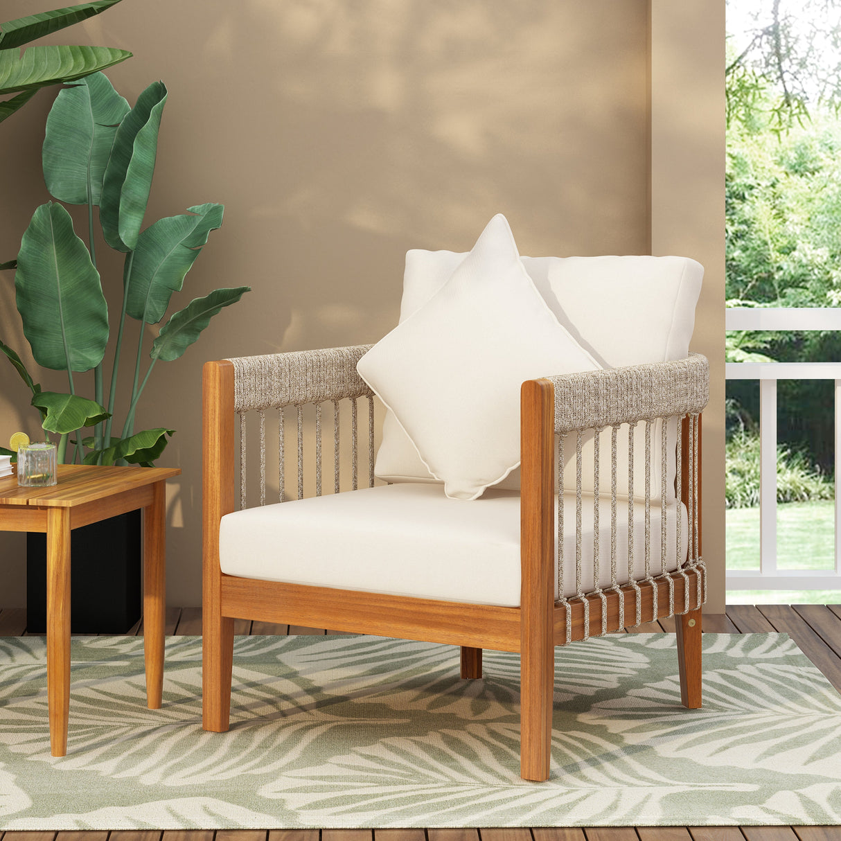 Acacia Wood Outdoor Club Chair with Handwoven Rope Accents & Curved Backrest