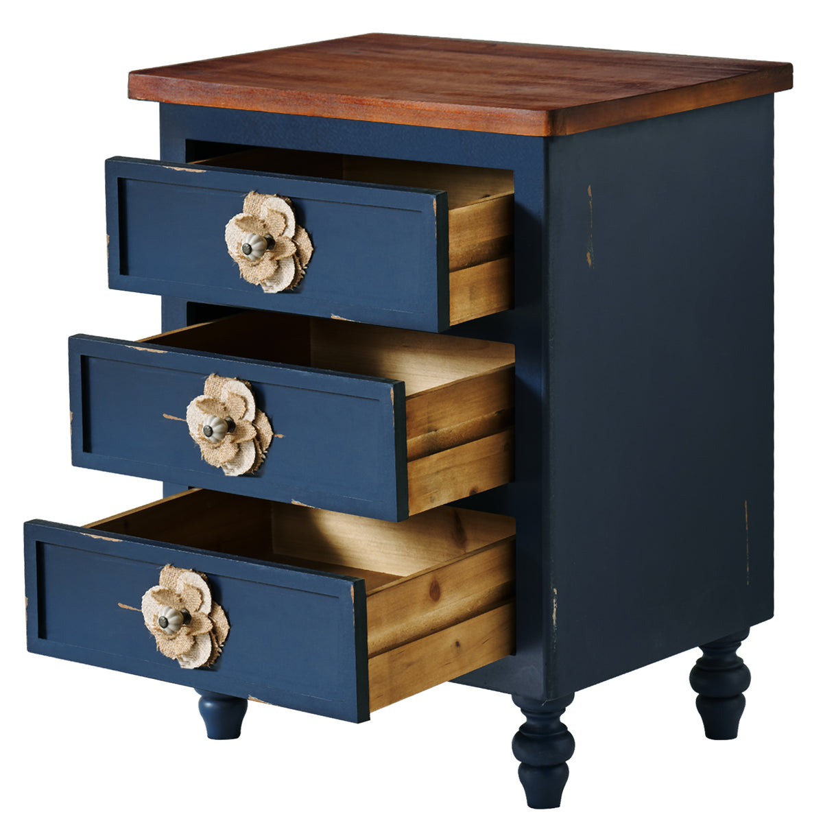 Vintage Farmhouse Nightstand with Floral Knobs, 3 Drawers, Antique Blue