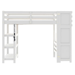 Loft Bed With 4 Layer Shelves, Storage Staircase, Small Wardrobe And LED Light