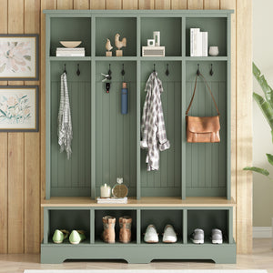 Farmhouse Hall Tree with 8 Hooks and Bench
