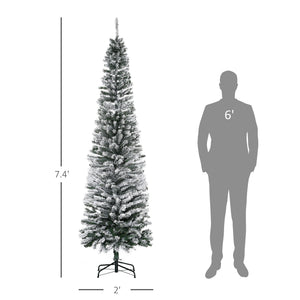 HOMCOM 7.5' Tall Unlit Snow-Flocked Slim Artificial Christmas Tree