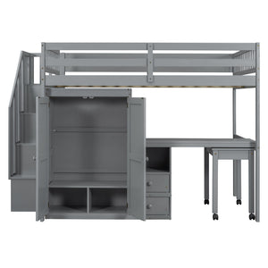 Loft Bed With Stairs, Bookshelf, Drawers, Desk & Wardrobe, Space Saving Multifunctional Furniture