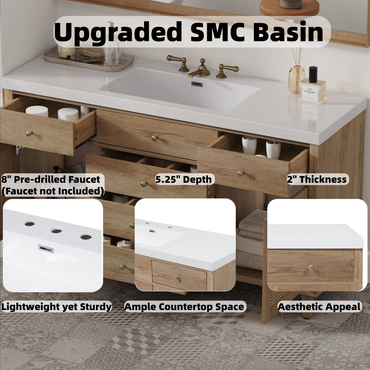 60" Bathroom Vanity with SMC Sink and Rattan Doors