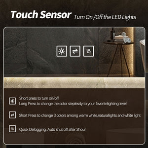 LED Bathroom Vanity Wall Mirror With Straight Edge Design, Frosted Glass Finish, Anti Fog, Dimmable 3 Color Lighting - Silver