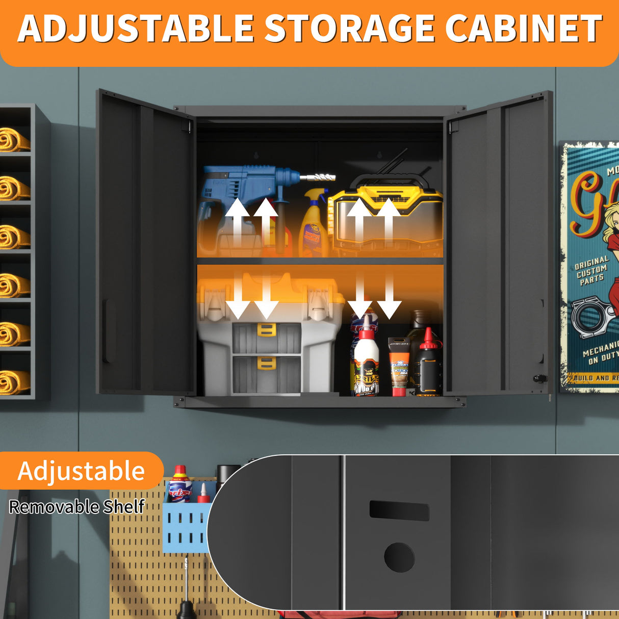 Metal Wall Mounted Tool Storage Cabinet With 2 Locking Doors, Adjustable Shelf, And Drawer