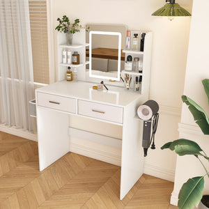 Elegant LED Mirror Vanity Dressing Table With Adjustable Lights, Drawers & Storage - White