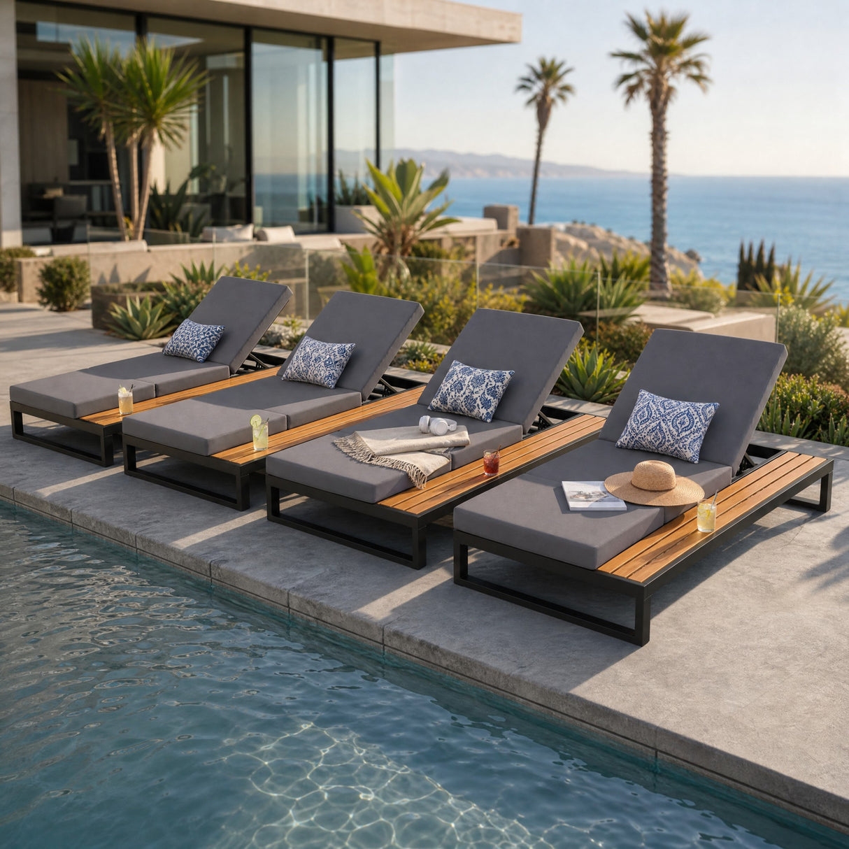 Black Iron & Teak Finish Chaise Lounge Set