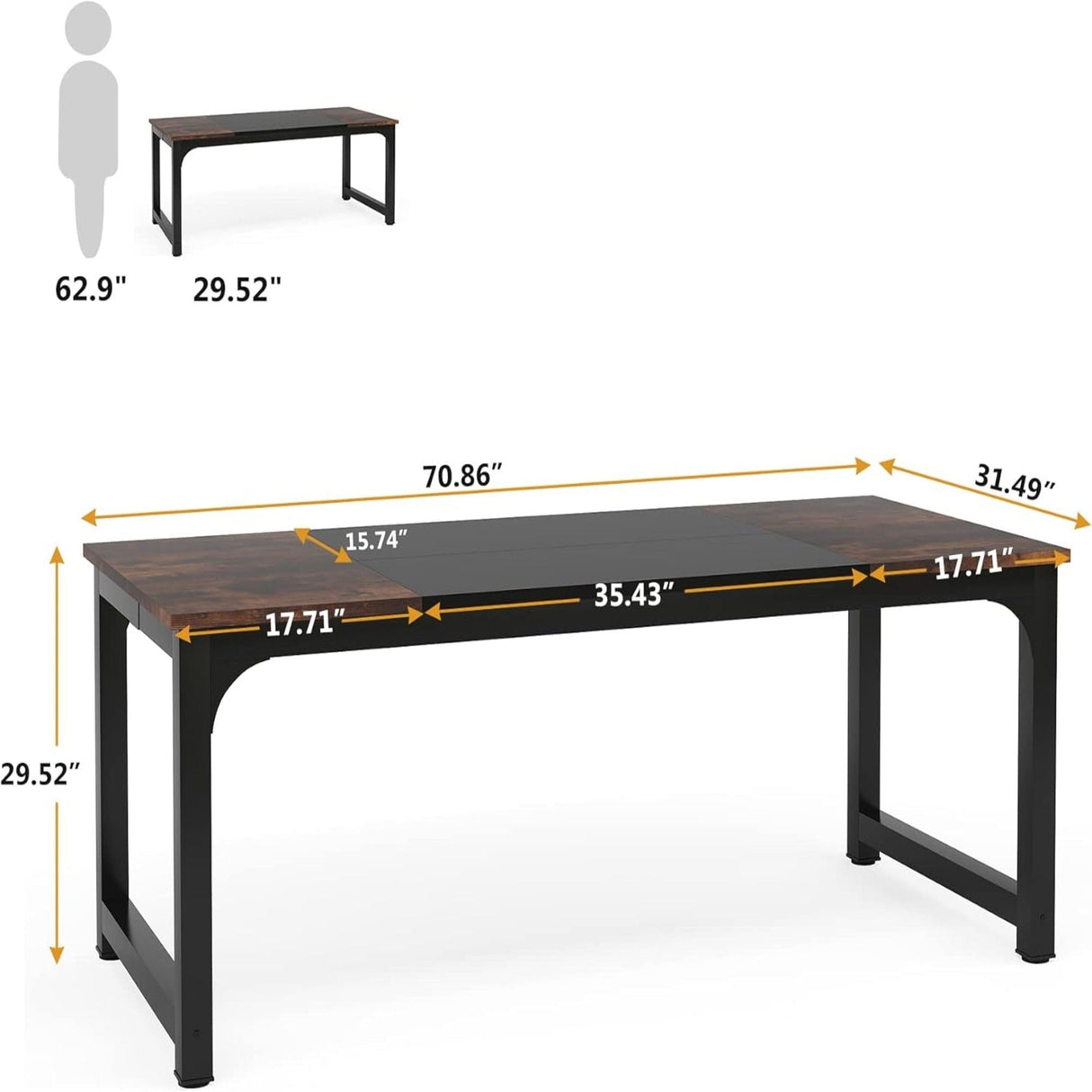 Executive Office Desk, Large Computer Workstation With Thick Frame - Brown / Black