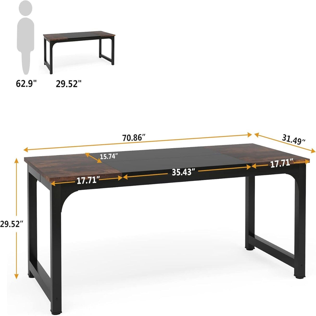 Executive Office Desk, Large Computer Workstation With Thick Frame - Brown / Black