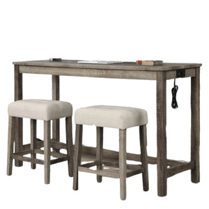 3 Piece Counter Bar Dining Set Table With Electric Outlet And 2 USB Ports, Tufted Upholstered Stools - Brown / Beige