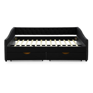 Upholstered Tufted Daybed With 2 Drawers, Waved Arms