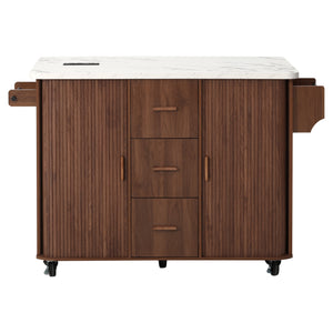 K&K 53.5" Kitchen Island with Sliding Doors, Drop Leaf, Power Outlet, Walnut Brown