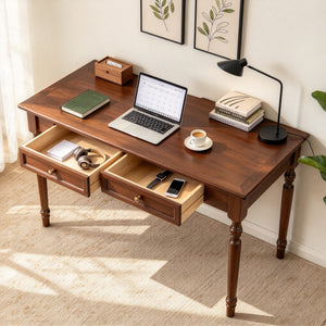 47.2-Inch Walnut Rubber Wood Writing Desk with Drawers, French Country