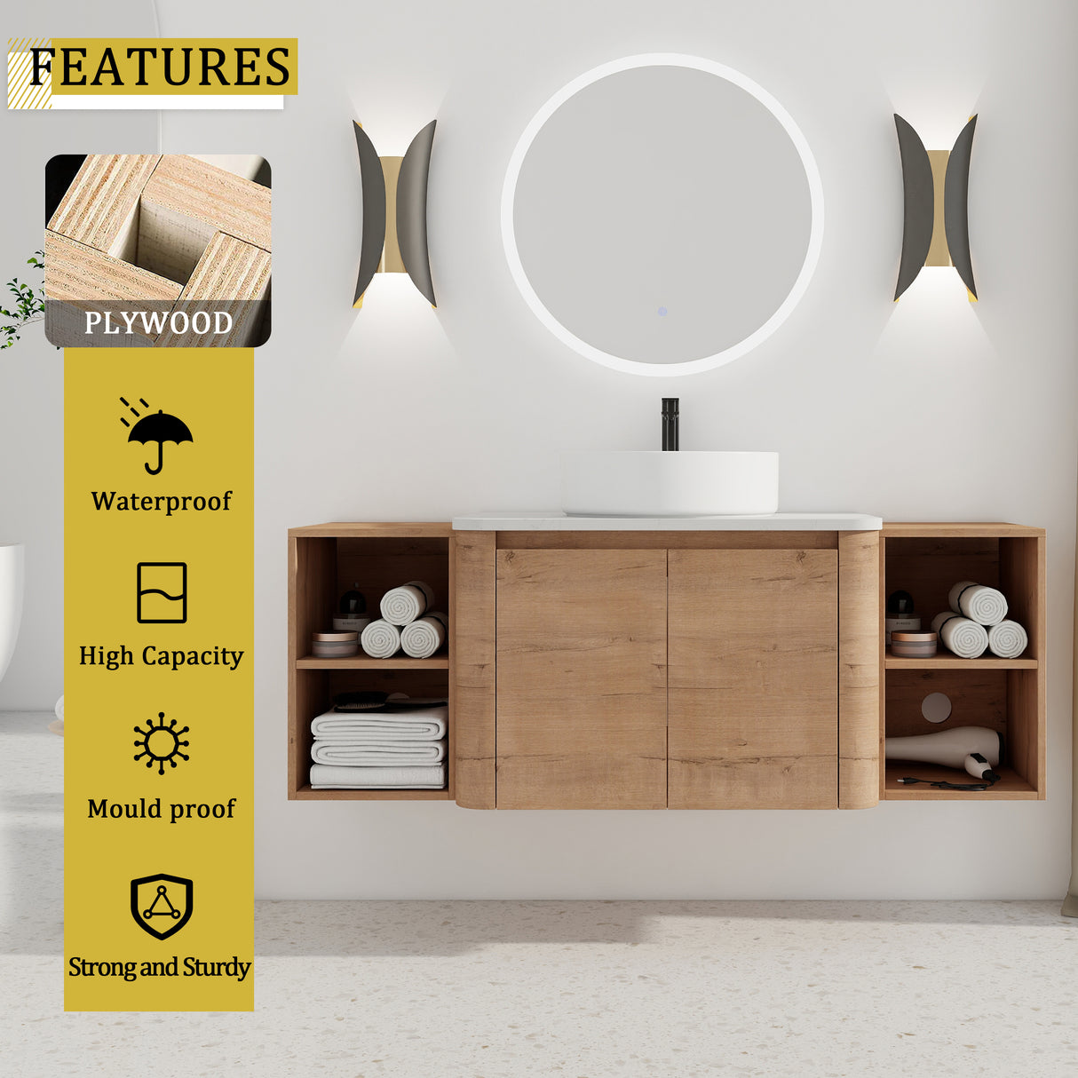 54" Wall-Mounted Bathroom Vanity With Ceramic Art Sink