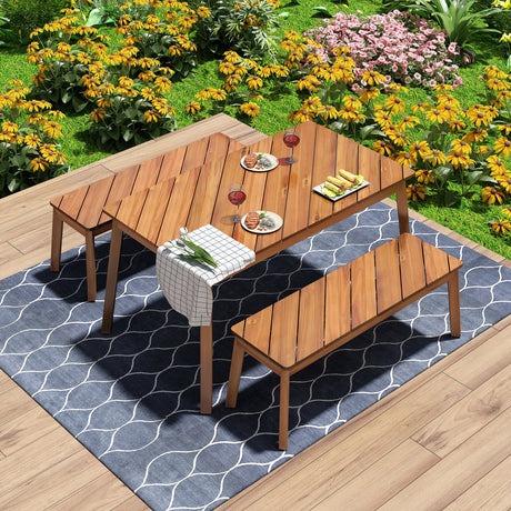 GO-3-Pieces-Acacia-Wood-Table-Bench-Dining-Set-For-Outdoor-&-Indoor-Furniture-With-2-Benches,-Picnic-Beer-Table-for-Patio,-Porch,-Garden,-Poolside,-Natural-