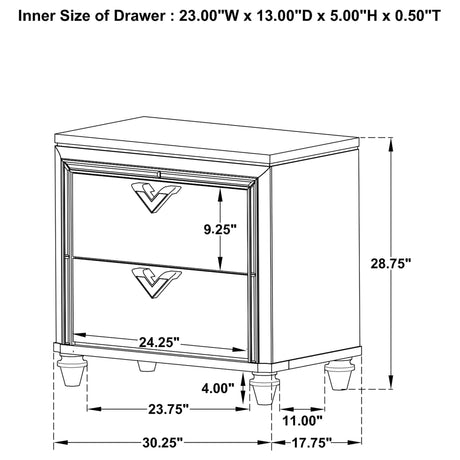Delacroix - 2 Drawer Nightstand With Felt Lined Top Drawer - Silver