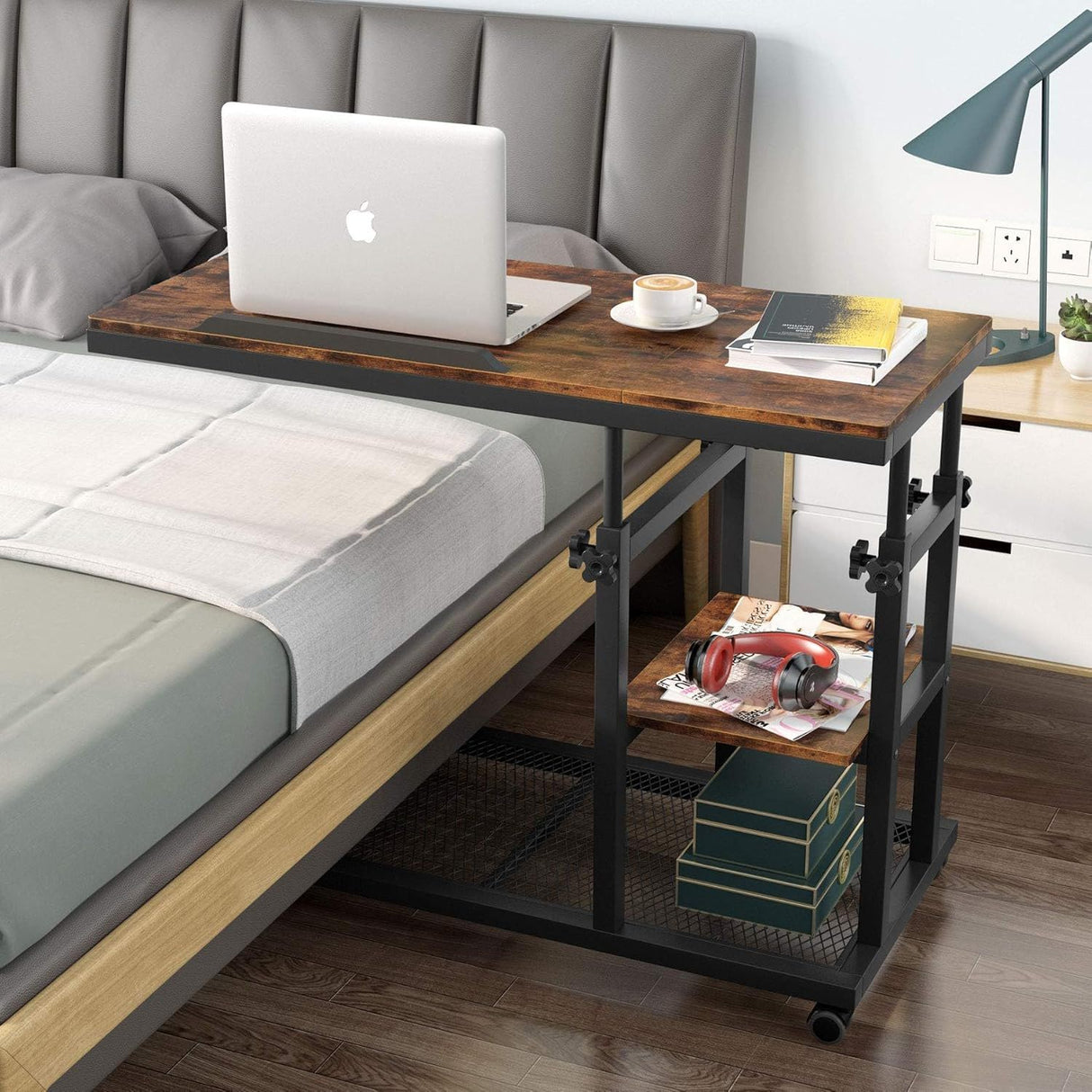C-Shaped Adjustable End Table With Wheels And Tilting Top With Side Pocket And Storage Shelf - Brown / Black