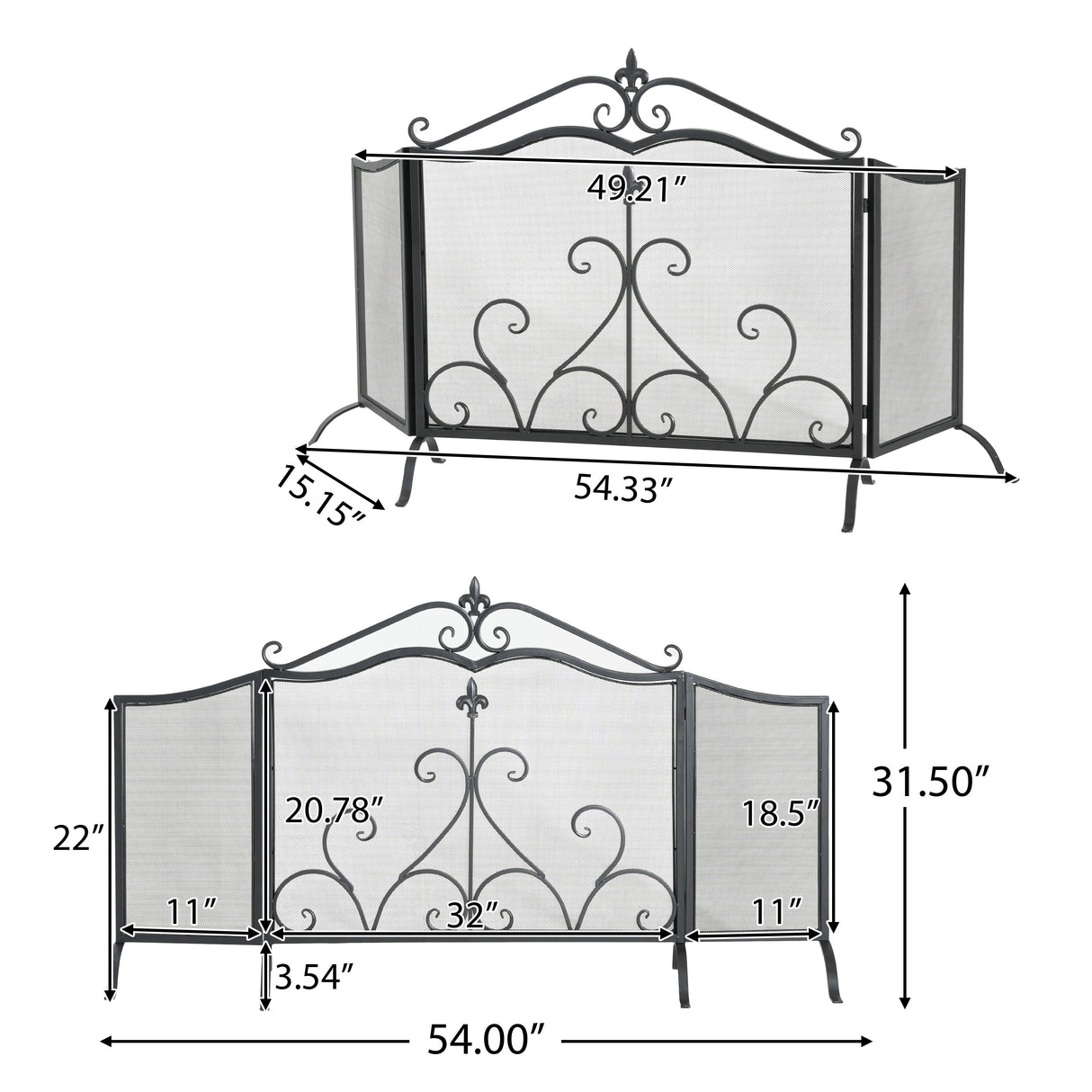 Onyx 3-Panel Iron Fireplace Screen 54" x 31.5"