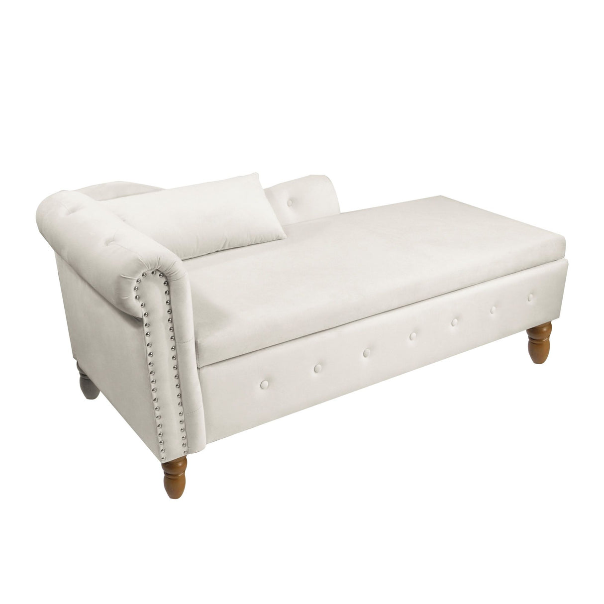 Chaise Lounge Indoor, Lounge Chair For Bedroom With Storage & Pillow, Modern Upholstered Rolled Arm Chase Lounge For Sleeping With Nailhead Trim For Living Room Bedroom Office