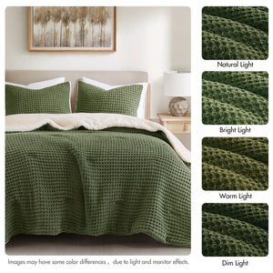 3 Pieces Full/Queen Waffle Knit Chenille Comforter Set in Olive