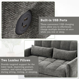 Loveseat Sofa Pull-Out Bed With Adjustable Backrest, 3 USB Ports And 2 Lumbar Pillows For Living Room
