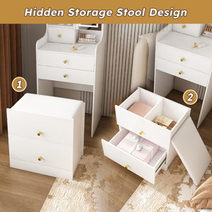 3 In 1 Dressing Table With LED Mirror & Storage Stool, Compact Makeup Vanity - White