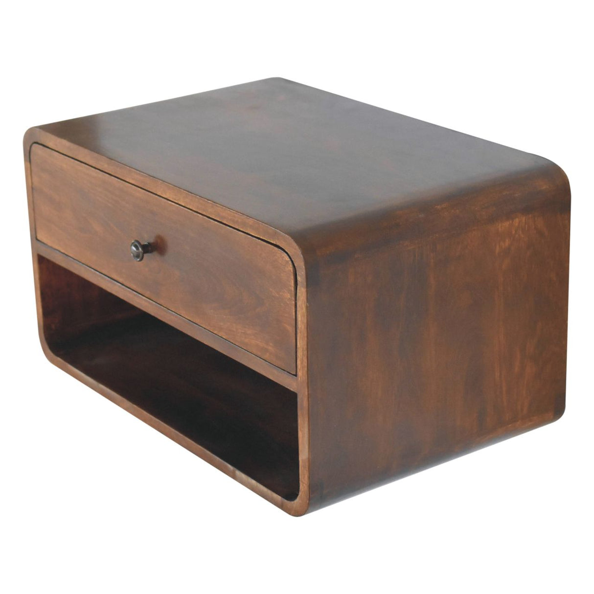 Solid Wood Large Curve Floating Bedside, 1-Drawer, 1 Open Slot, Chestnut