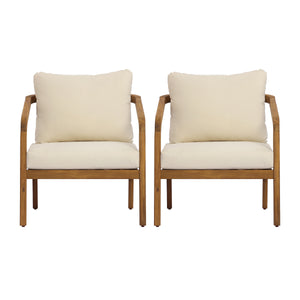 Acacia Wood Outdoor Patio Club Chair with PE Wicker Backrest & Cushions (Set of 2)