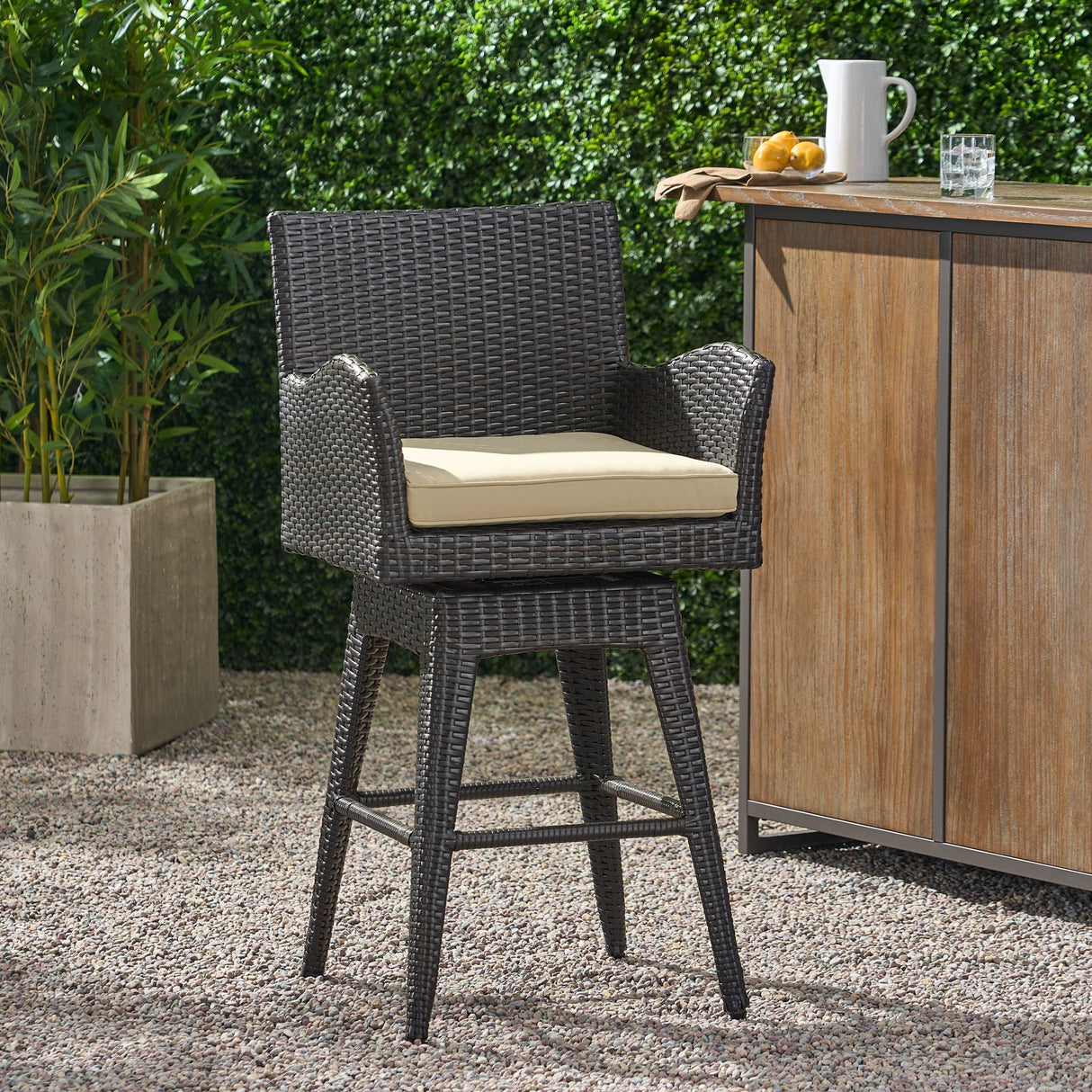Outdoor Modern Rattan Swivel Barstool With Tapered Legs - Beige / Multibrown - Best Buy Furniture