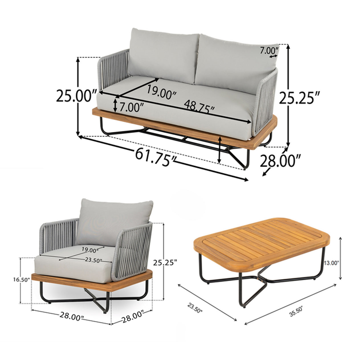 Lucca Outdoor 4-Piece Acacia Wood and Rope Woven Patio Conversation Set
