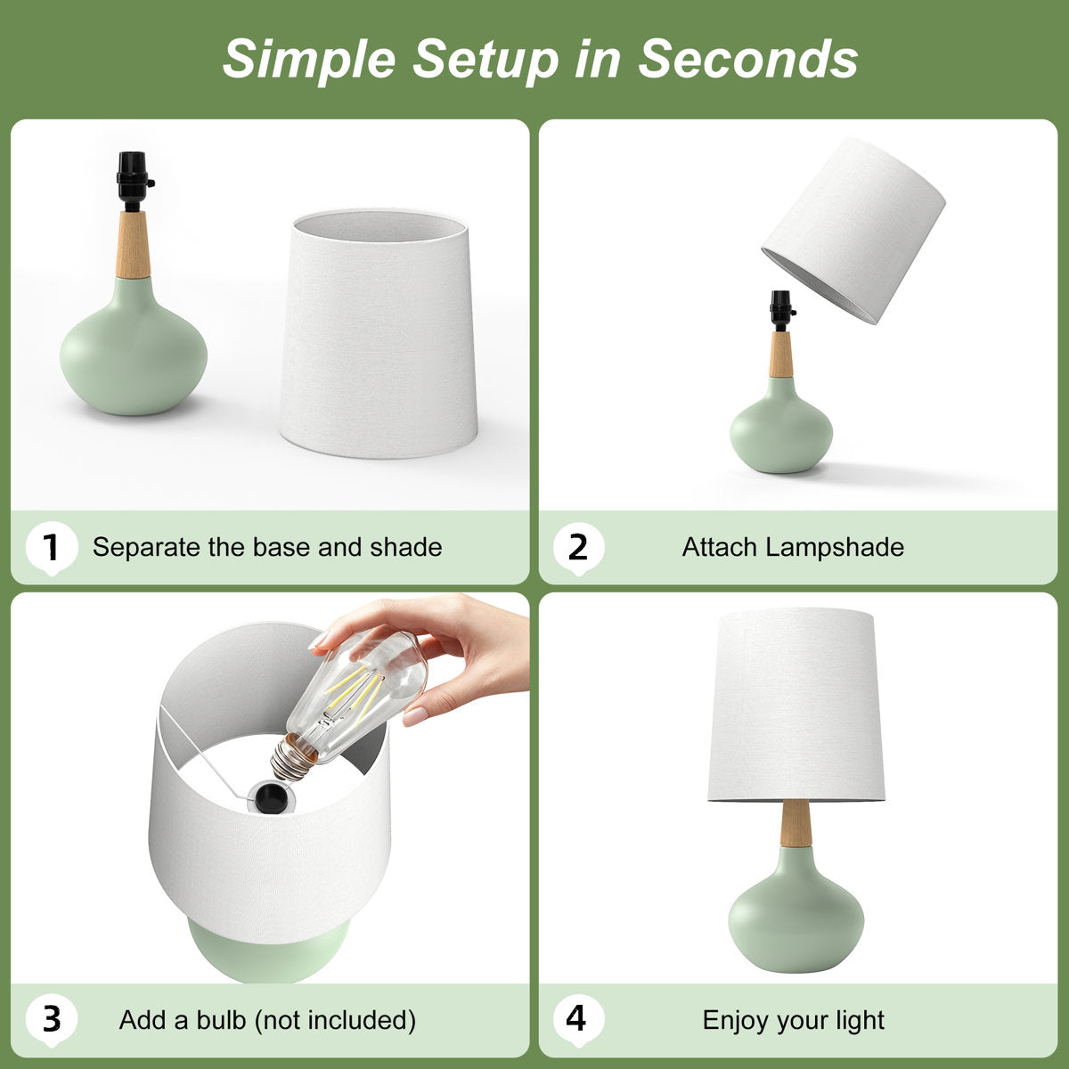 Ceramic and Wood Table Lamp, 14 Inches, Set of 2, Green