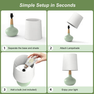 Ceramic and Wood Table Lamp, 14 Inches, Set of 2, Green