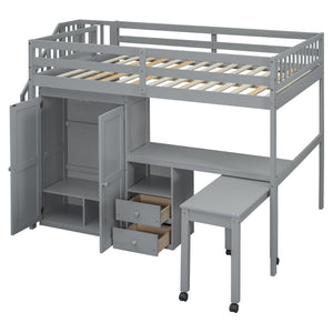 Loft Bed With Stairs, Bookshelf, Drawers, Desk & Wardrobe, Space Saving Multifunctional Furniture