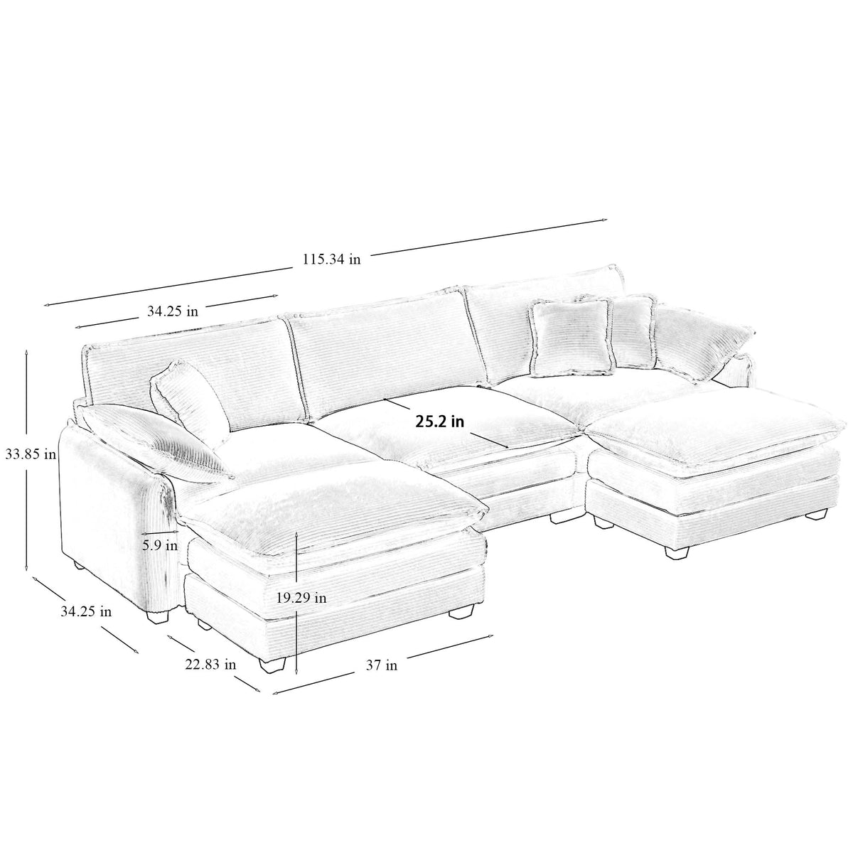 Oversized Modular Cushioned Sofa with Conversible Ottoman