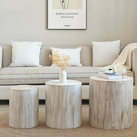 Set of 3 Rounded Wood Coffee Tables with Whitewashed Wood Finish
