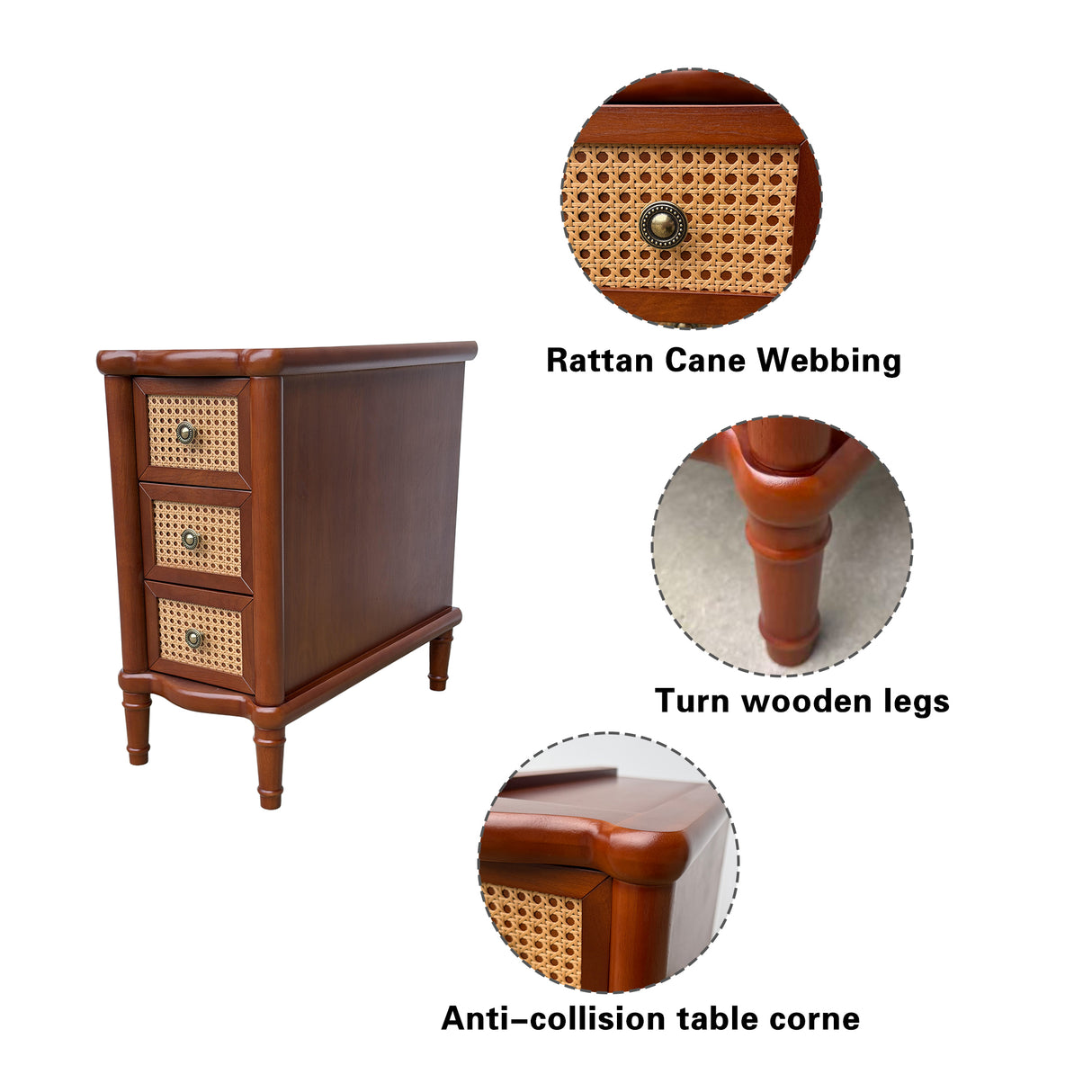 Rattan Narrow Side Table with 3 Drawers
