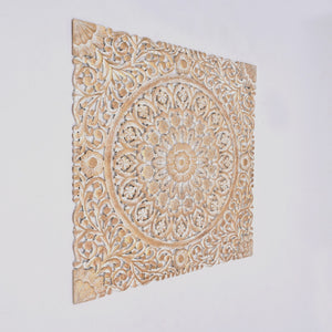 Floral Hand Carved Mandala Square Wall Decor With Spiritual Symbolism - Gold / White