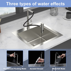 21" Drop In Kitchen Sink With Pull Out Faucet And Sink Cover, 16 Gauge - Brushed Nickel