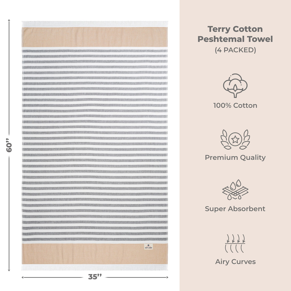 4 Packed Terry Peshtemal and Premium Beach Towel, Mediterranean Cotton Turkish Peshtemals, 35" x 60",  Modern & Traditional Turkish Bath Towels