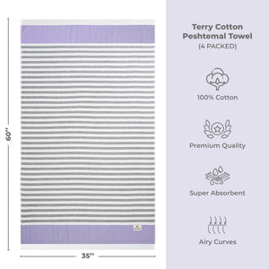 4 Packed Terry Peshtemal and Premium Beach Towel, Mediterranean Cotton Turkish Peshtemals, 35" x 60",  Modern & Traditional Turkish Bath Towels