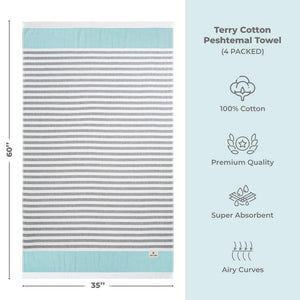 4 Packed Terry Peshtemal and Premium Beach Towel, Mediterranean Cotton Turkish Peshtemals, 35" x 60",  Modern & Traditional Turkish Bath Towels