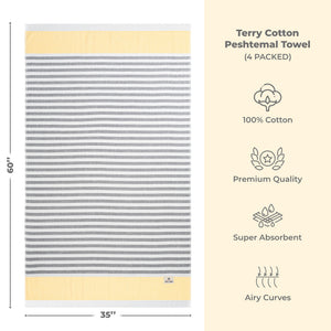 4 Packed Terry Peshtemal and Premium Beach Towel, Mediterranean Cotton Turkish Peshtemals, 35" x 60",  Modern & Traditional Turkish Bath Towels