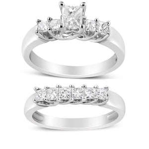 14K White Gold 1 1/2 Cttw 5 Stone Princess Diamond Engagement Wedding Ring Set (H-I Color, SI2-I1 Clarity) - Ring Size 7