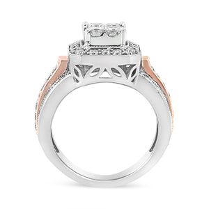 14K White and Rose Gold 1 1/8 Cttw Princess and Round-Cut Diamond Art Deco Style Triple Shank Halo Cocktail Ring (I-J Color, SI2-I1 Clarity) - Size 7