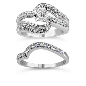.925 Sterling Silver 1/3 Cttw Round Diamond Crisscross Engagement Ring Bridal Set (H-I Color, I1-I2 Clarity ) - Size 7